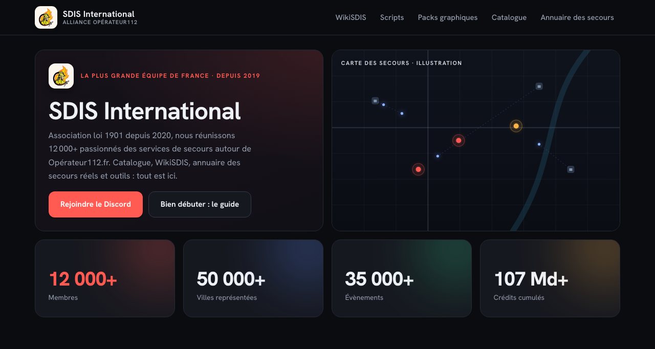 Le nouvel accueil du site, depuis le 28 septembre 2026 : thème sombre en tuiles, carte des secours et chiffres de l’alliance en couleur.